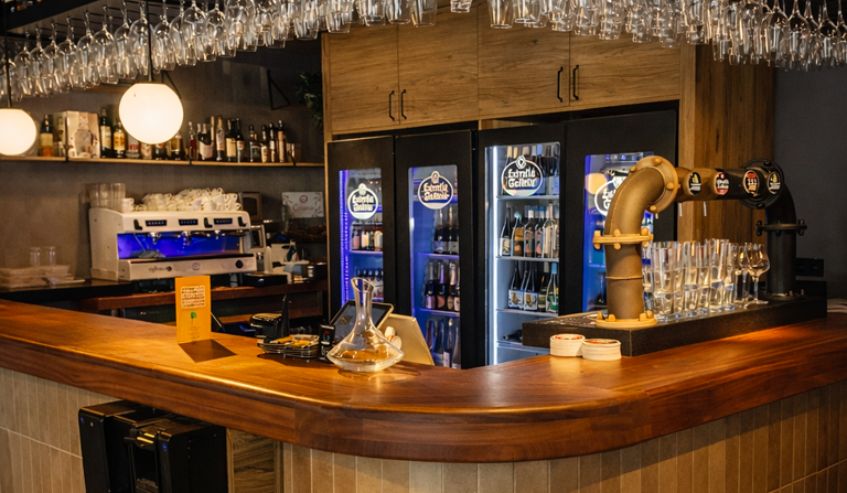 Barra principal d'OH TAPA! La Garriga amb tiradors de cervesa, vins, cafeteria professional i un ambient càlid ideal per esmorzars, tapes, dinars i sopars.